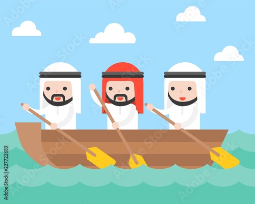 Arab Businessman team rowing boat in sea wave