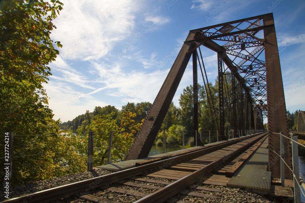 Picturesque angular view of iron and wood railroad trestle train tracks and bridge canopy, with green lush trees and vegetation, blue sky with wispy white clouds, daytime - Oregon USA Picturesque angular view of iron and wood railroad trestle train tracks and bridge canopy, with green lush trees and vegetation, blue sky with wispy white clouds, daytime - Oregon USA