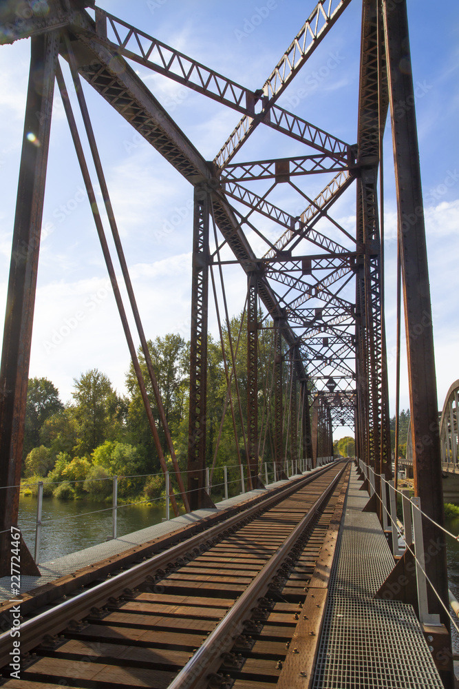Picturesque upward view of iron and wood railroad trestle train tracks and bridge canopy, with green lush trees and vegitation, blue sky with wispy white clouds, daytime - Oregon USA