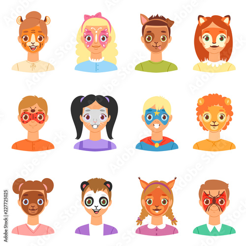Face paint kids vector children portrait with facial painted makeup and girl or boy character with colorful animalistic facepaint cat dog for party illustration set isolated on white background