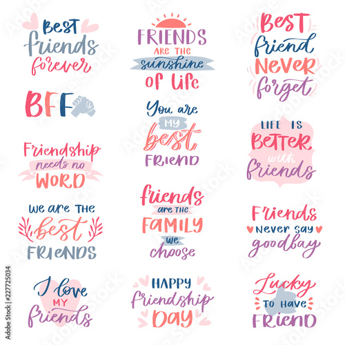 Friend lettering vector friendship card typography and friendly calligraphy logotype design with text sign illustration handwritten set of friendliness quote on poster isolated on white background