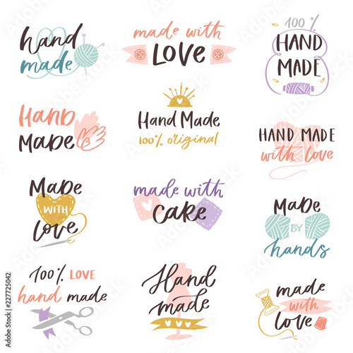 Handmade vector hand made craft label typography and handicraft calligraphy logotype illustration handwritten retro design lettering emblem of homemade set with text isolated on white background