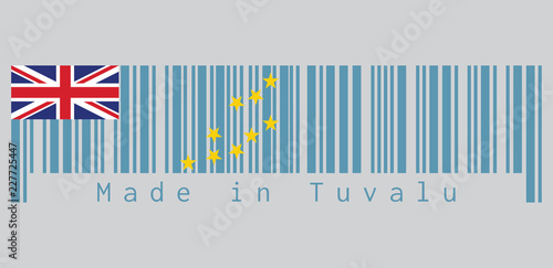 Barcode set the color of Tuvalu flag, a Light Blue Ensign with the Map of the Island of nine yellow stars. text: Made in Tuvalu. concept of sale or business.