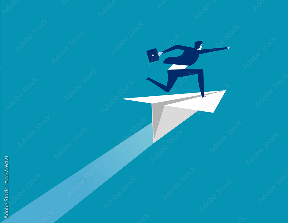 Businessman ride paper plane and pointing to target. Concept business vector illustration, Flat business cartoon, Character style design, Success Businessman ride paper plane and pointing to target. Concept business vector illustration, Flat business cartoon, Character style design, Success