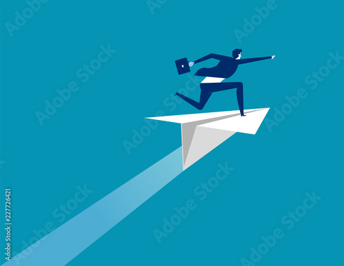 Businessman ride paper plane and pointing to target. Concept business vector illustration, Flat business cartoon, Character style design, Success