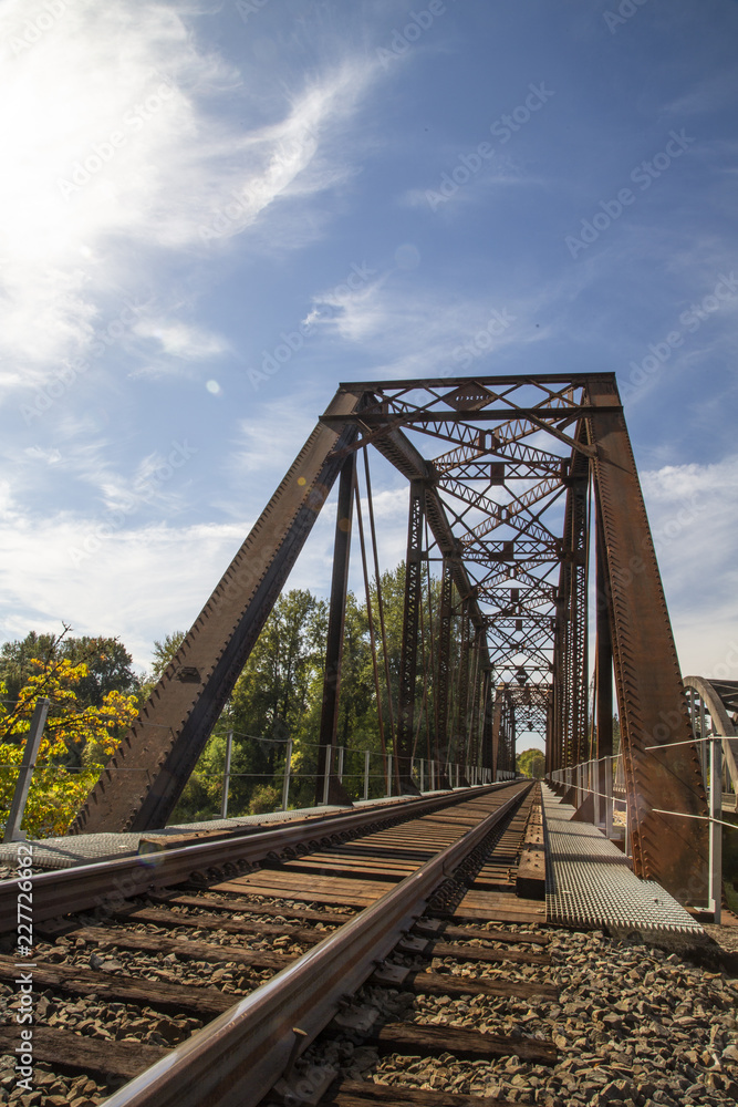 Picturesque close up angular view of iron and wood railroad trestle train tracks and bridge canopy, with green lush trees and vegetation, blue sky with wispy white clouds, daytime - Oregon USA Picturesque close up angular view of iron and wood railroad trestle train tracks and bridge canopy, with green lush trees and vegetation, blue sky with wispy white clouds, daytime - Oregon USA
