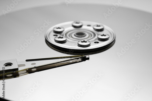Close up of hard disk's internal mechanism hardware