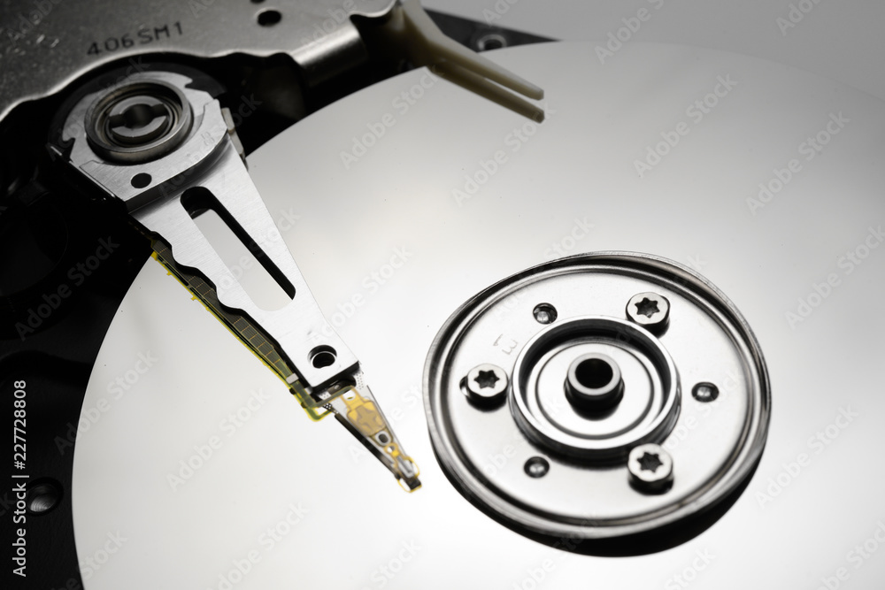 Close up of hard disk's internal mechanism hardware Close up of hard disk's internal mechanism hardware