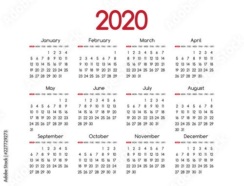 2019 new year vector red calendar modern simple design with round san serif font,Holiday event planner,Week Starts Sunday.