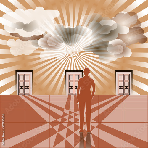 Businessman stands in front of three closed doors