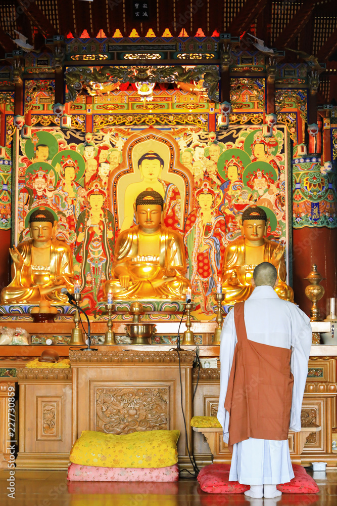 Buddhism monk are praying in front of Buddha image at Haedong yonggungsa Temple