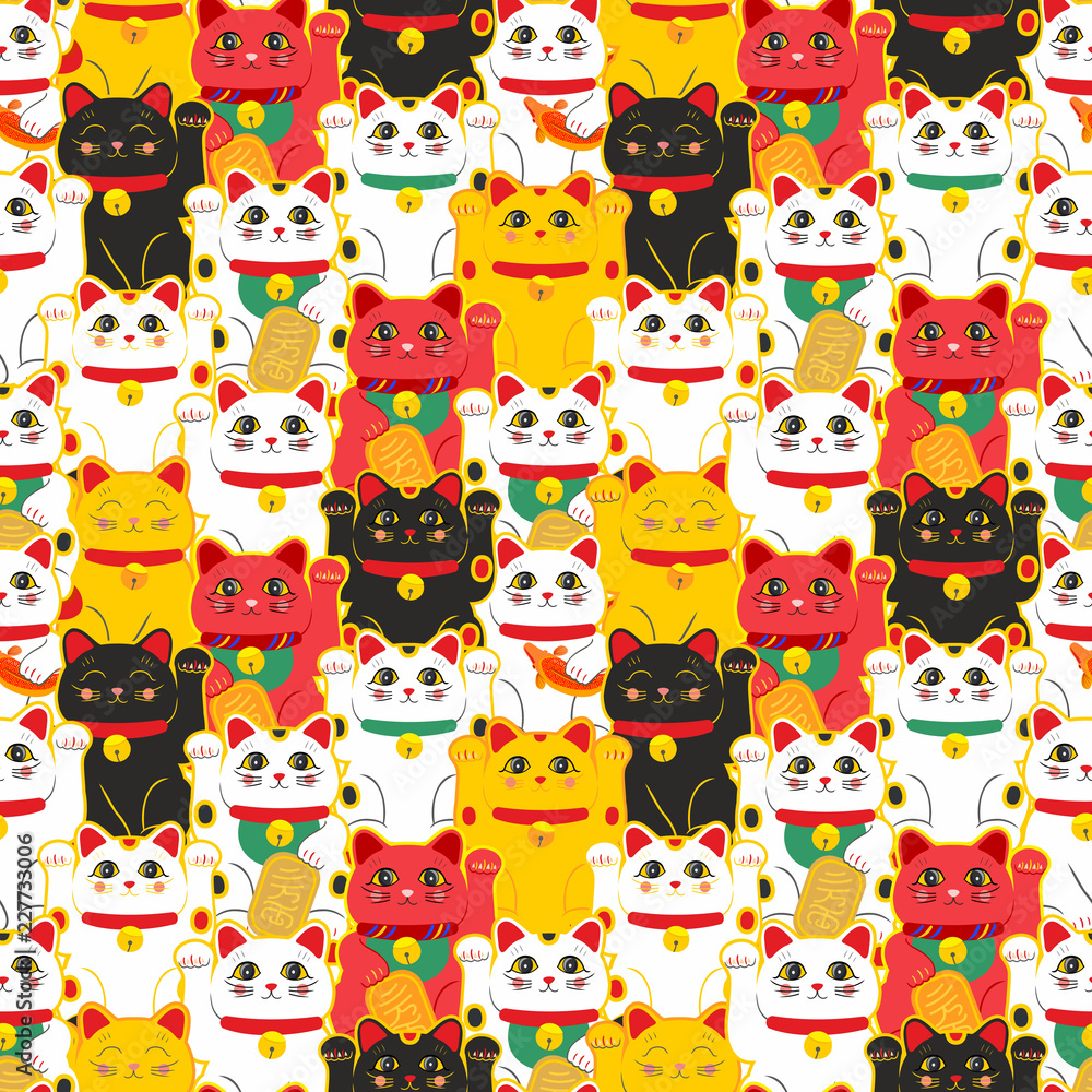 Maneki-neko cat. Seamless pattern with sitting hand drawn lucky cats. Japanese culture. Doodle drawing. Vector illustration - swatch inside