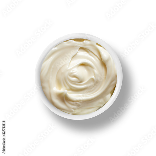 cup of mayonnaise isolated on white, view from above