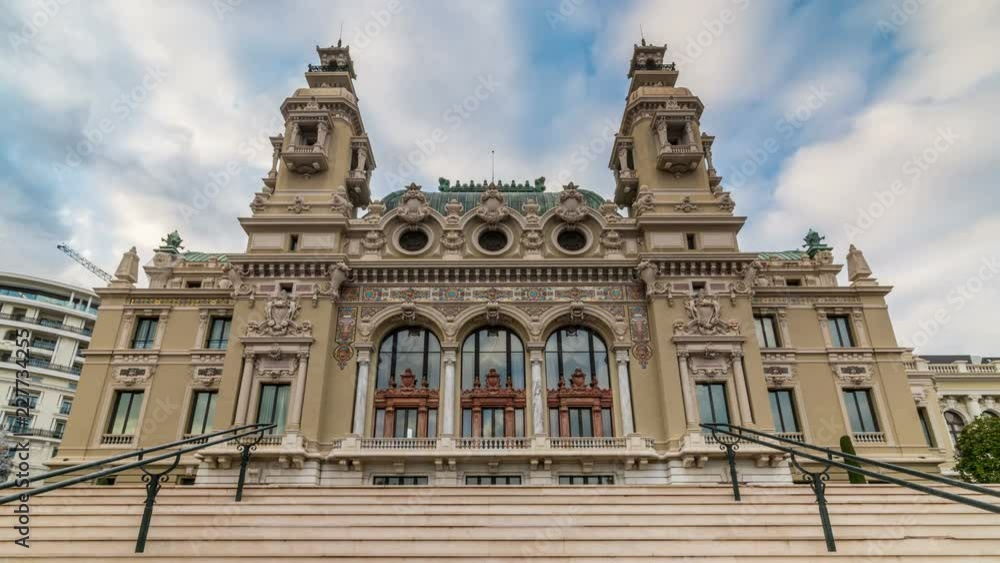 Monte Carlo Casino building in Monaco. Backyard facade. Clouds move across the sky. Time lapse video. Monte Carlo Casino building in Monaco. Backyard facade. Clouds move across the sky. Time lapse video.