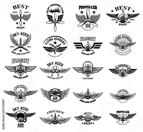 Set of vintage airplane emblems. Design elements for logo, label, sign, menu.