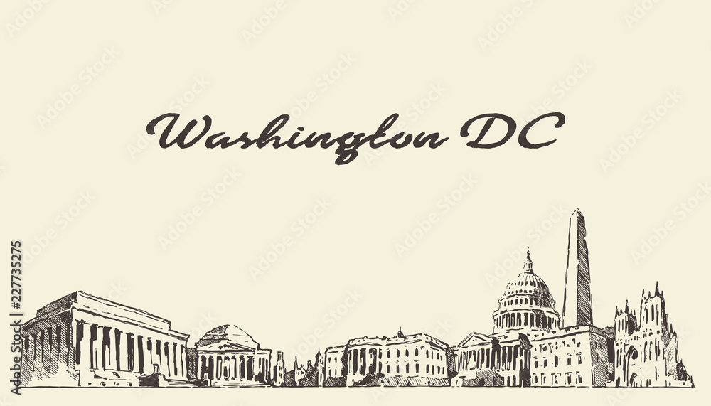 Washington DC skyline USA vintage engraved drawn