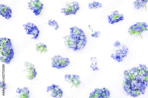Floral pattern with hydrangea flowers on white background. Flat lay, top view.