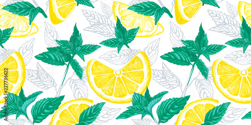 Lemon and mint  seamless pattern. Ink sketch lemons, ginger, mint. Citrus fruit background. Elements for menu, greeting cards, wrapping paper, cosmetics packaging, posters etc