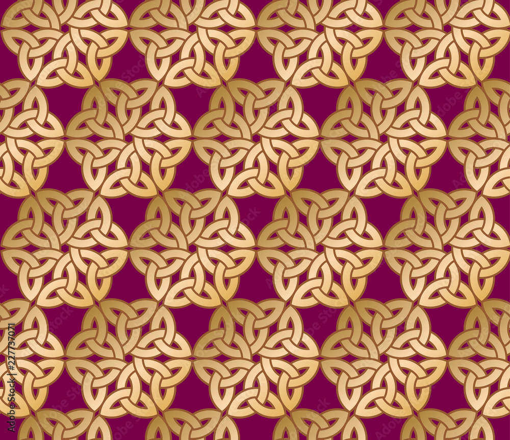 Celtic ornament. Rosette pattern, interlaced lines in a floral motif, isolated on a dark background. Golden lace on burgundy background. Celtic ornament. Rosette pattern, interlaced lines in a floral motif, isolated on a dark background. Golden lace on burgundy background.