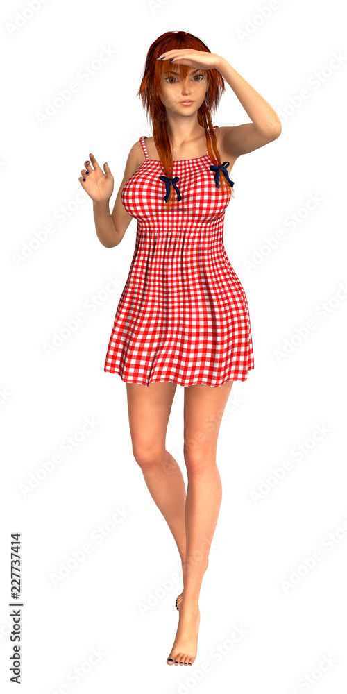 Teen anime style girl in red dress, looking at something, isolated on  white. 3D rendering. Stock Illustration | Adobe Stock