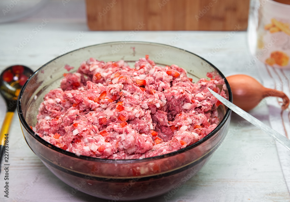 Minced beef and pork in bowl. Homemade food. Minced beef and pork in bowl. Homemade food.