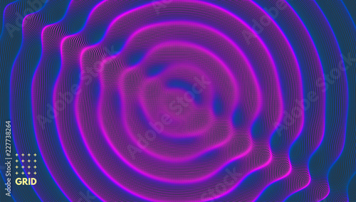 3D wavy background with ripple effect. Vector illustration with particle. 3D grid surface.