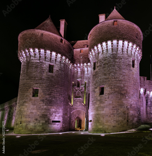Quadro su tela view of the gates of the wall, of the fortified city of Guerande, in French brittany, illuminated at dusk