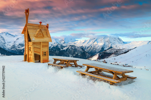 Rest area with beautiful panorama in the French Alps, France photo