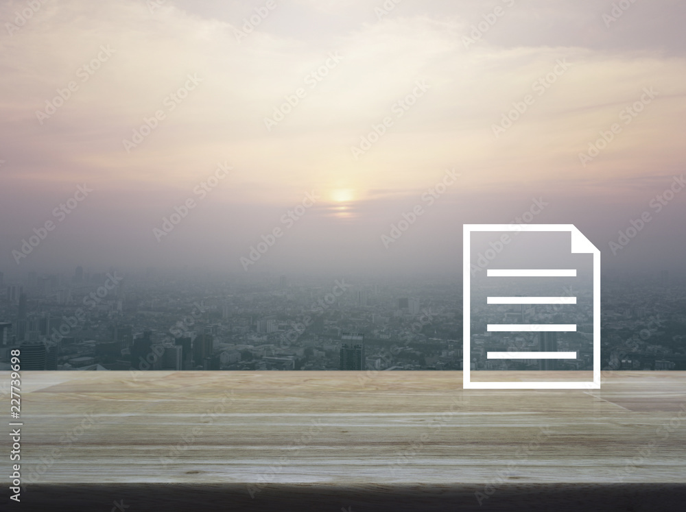 Document flat icon on wooden table over aerial view of cityscape at sunset, vintage style, Business communication concept