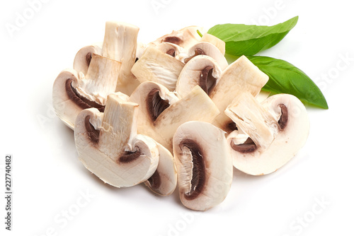 Champignons, ingredients for pizza, close-up, isolated on white background.
