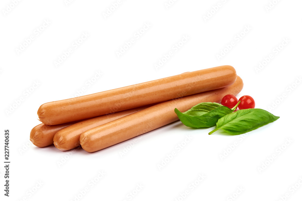 Fresh Viennese Boiled Sausages with basil leaves and Physalia berry, isolated on a white background. Fresh Viennese Boiled Sausages with basil leaves and Physalia berry, isolated on a white background.