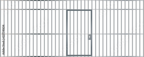 A front view of the bars of a jail cell with iron bars and a door on an isolated background vector eps 10