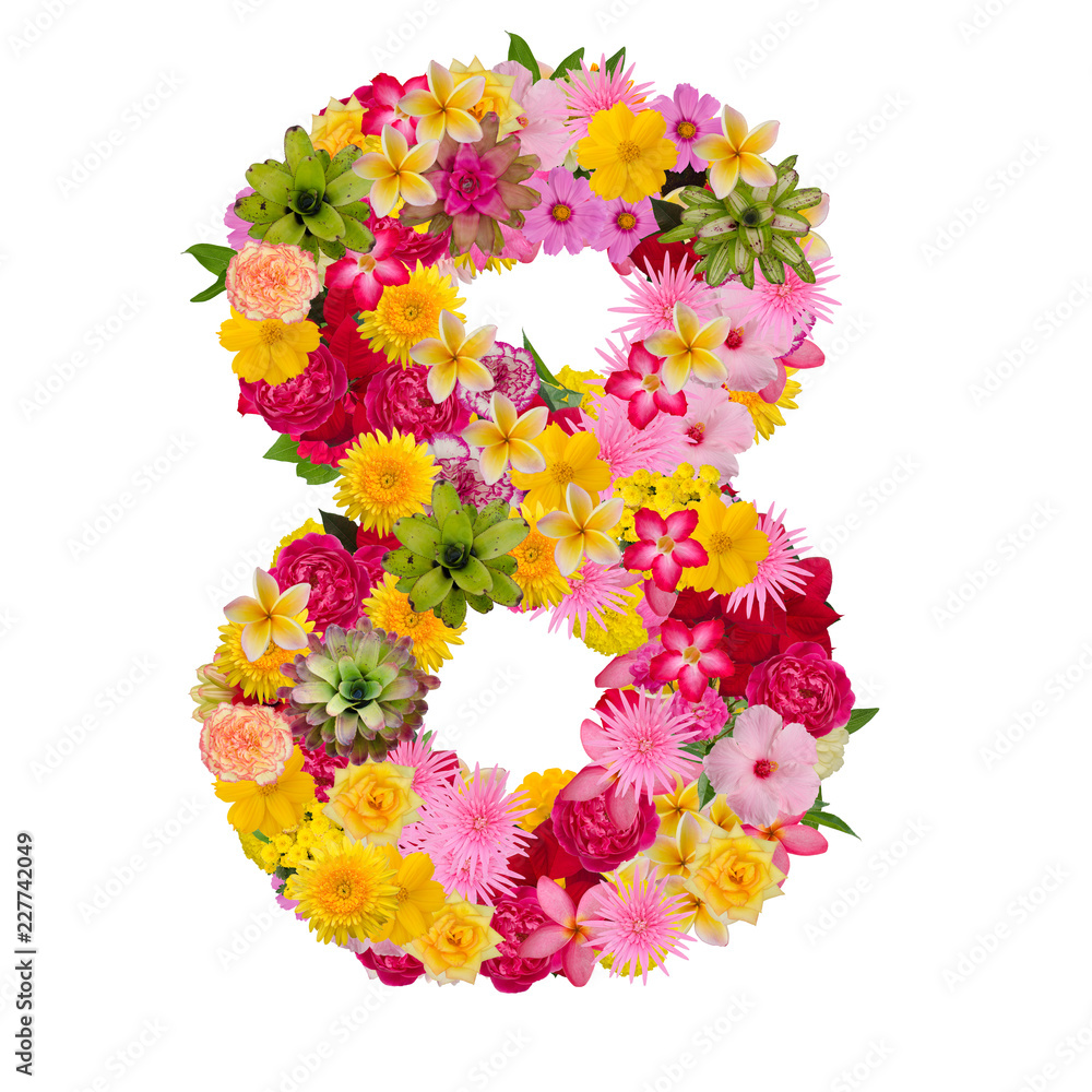 Number 8 made from flower isolated on white background. Whit clipping path