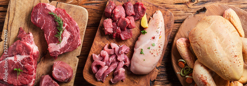 Panorama banner with an assortment of raw meats photo