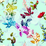 Seamless background pattern. Rose, wild roses, pomegranate, lily of the valley and lady bird on flowers. Watercolor, hand drawn.