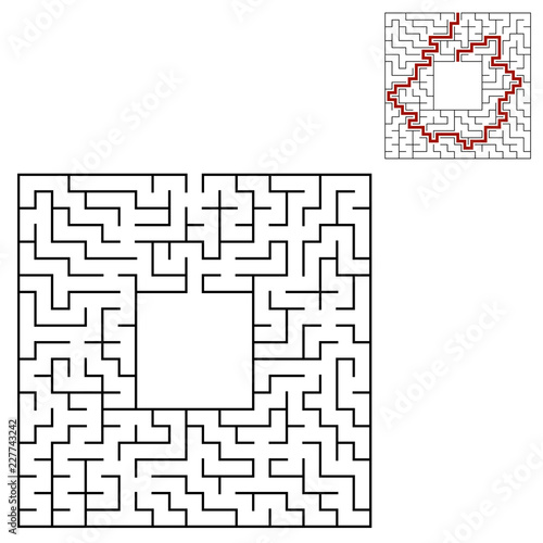 Black square maze with entrance and exit. An interesting and useful game for children. Simple flat vector illustration isolated on white background. With a place for your drawings. With the answer.