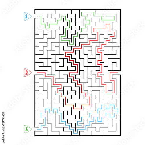 Abstract rectangular large maze. Game for kids. Puzzle for children. Three entrances, one exit. Labyrinth conundrum. Flat vector illustration isolated on white background. With answer.
