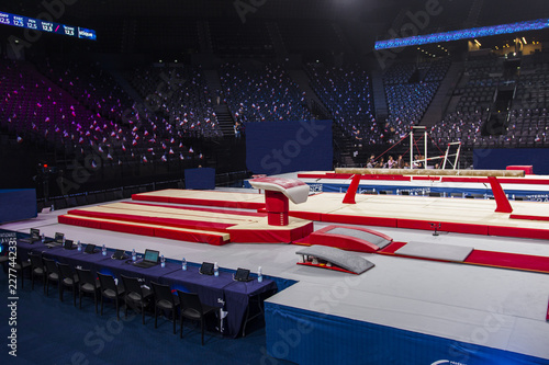 A gymnastic vaulting horse in a gymnastic arena 