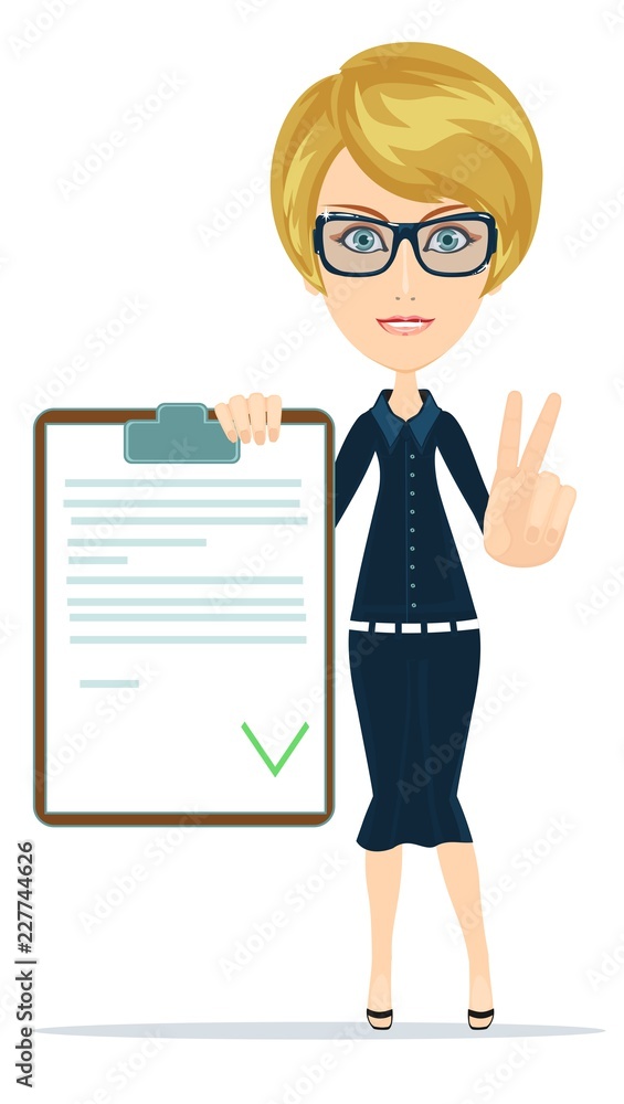 Woman in suit, manager or agent shows a document, insurance. Vector, flat, illustration