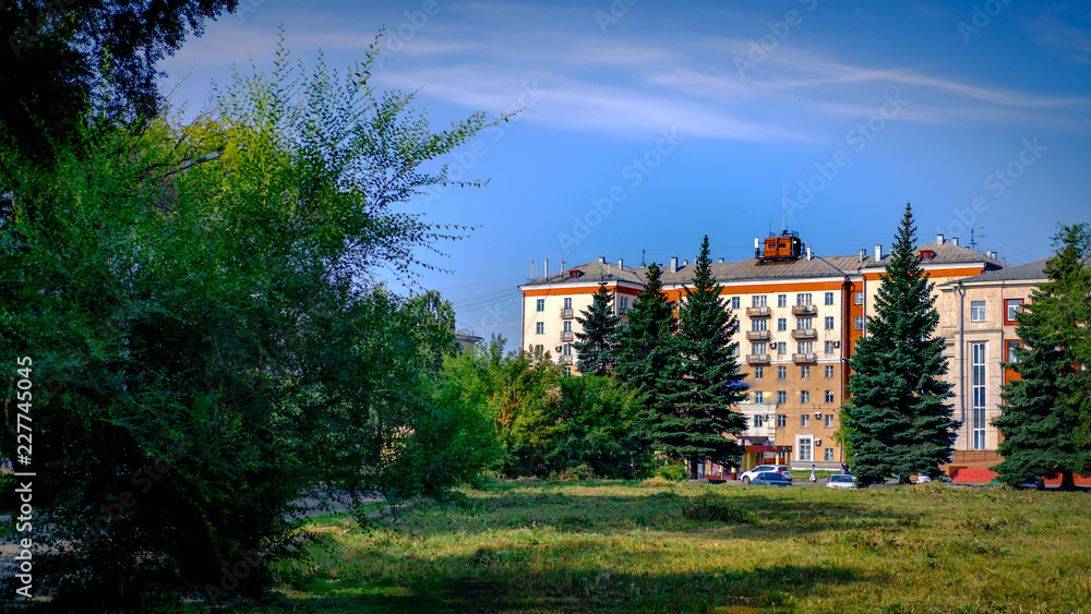 Obraz premium a large building behind the trees