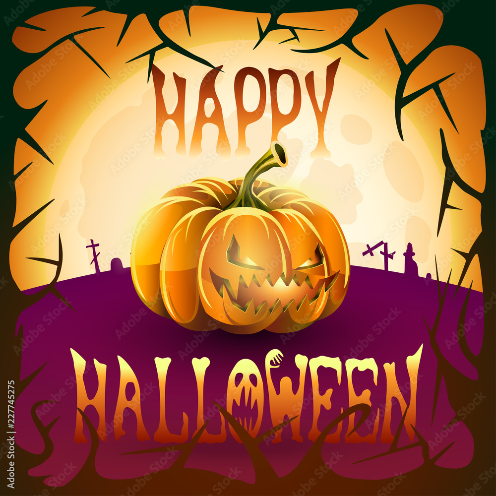 Happy Halloween. Halloween pumpkins with luminous eyes and mouth on the background of the glowing moon and cemetery Happy Halloween. Halloween pumpkins with luminous eyes and mouth on the background of the glowing moon and cemetery