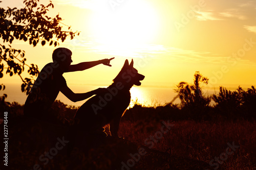 silhouette of a young man walking with a dog on the field at sunset, boy with his pet enjoying nature, profile of boy lookinf into the distance,concept of active leisure