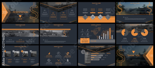 Multifunctional orange presentation template. Vector set, elements of infographics, dark blue background. Flyer, postcard,corporate report, marketing,advertising,banners.Slides, photos, annual report