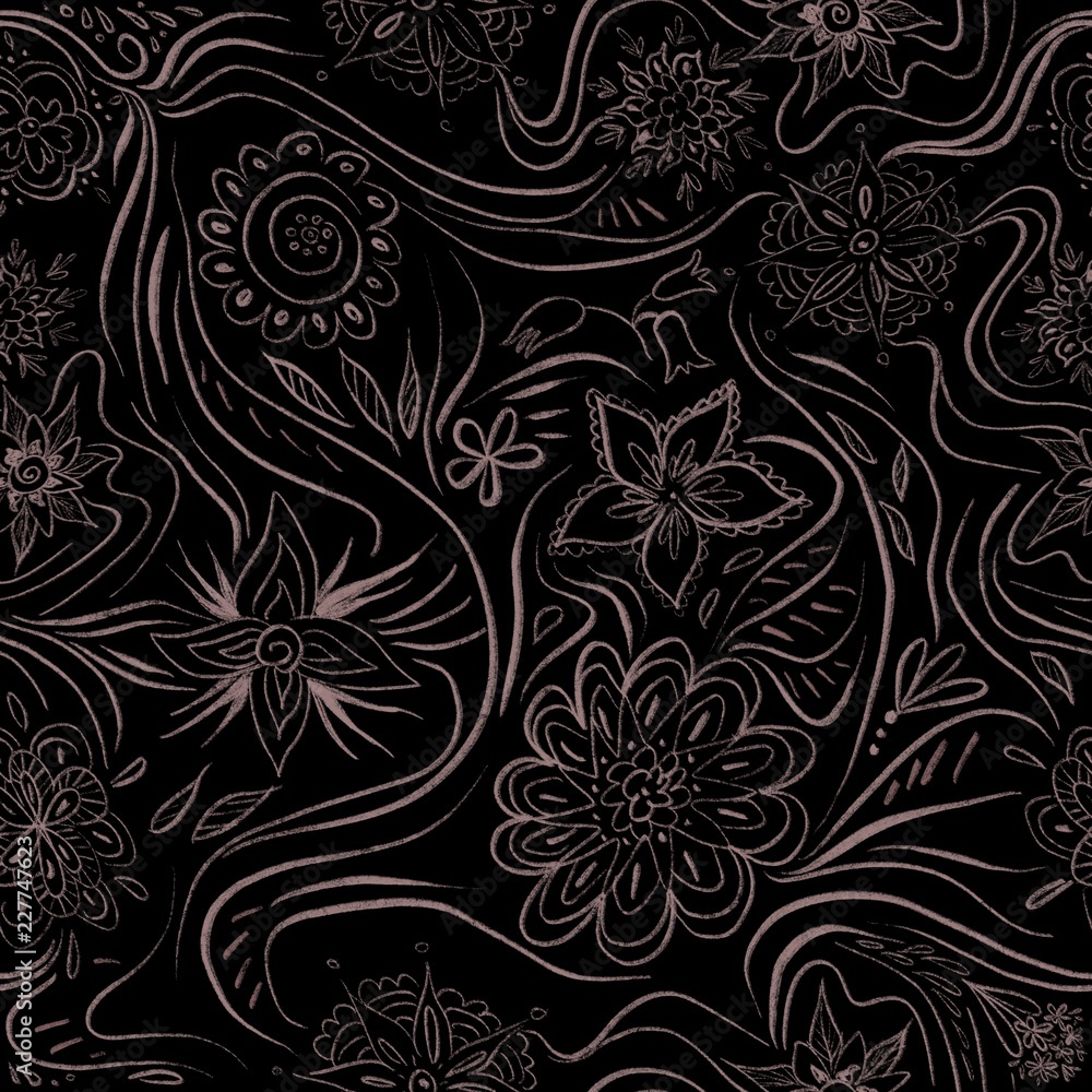 Seamless Pattern with flowers and winding lines. Ethnic, floral, retro, doodle, tribal design element