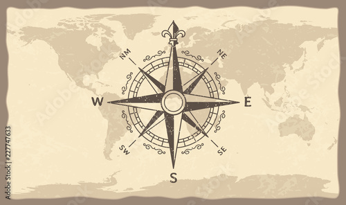 Antique compass on world map. Vintage geographic history maps with marine compasses arrows vector illustration