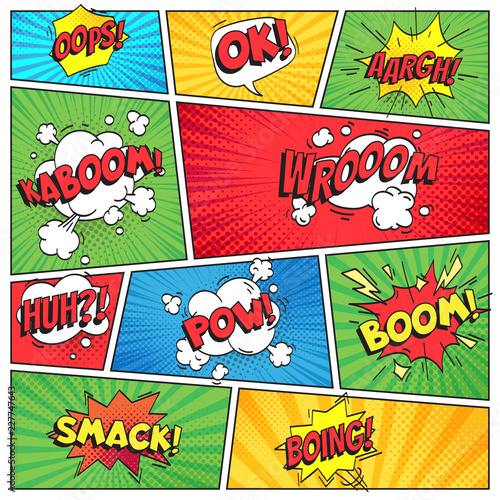 Comics page. Comic book grid frame, funny oops bam smack text speech bubbles on color stripes background vector layout template