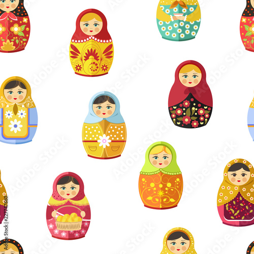 Russian nesting doll, traditional wooden souvenir from Russia seamless pattern isolated on white vector.