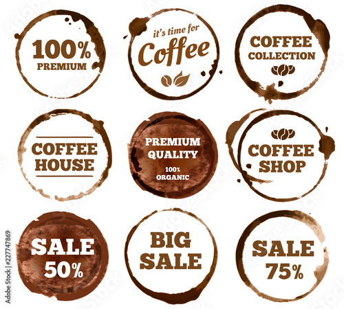 Coffee labels. Watercolor dirty espresso cup ring stain logo. Vector isolated illustration