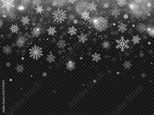Winter falling snow. Snowflakes fall, christmas decorations snowflake and snowed snowstorm isolated vector background photo