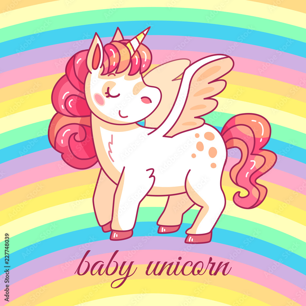 Cute baby unicorn. cartoon fairy magic pony on rainbow. Funny horse girlish t-shirt or sticker vector design Cute baby unicorn. cartoon fairy magic pony on rainbow. Funny horse girlish t-shirt or sticker vector design